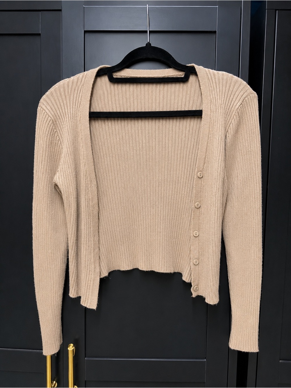 Beige Ribbed Button-Front Women's Cardigan Sweater